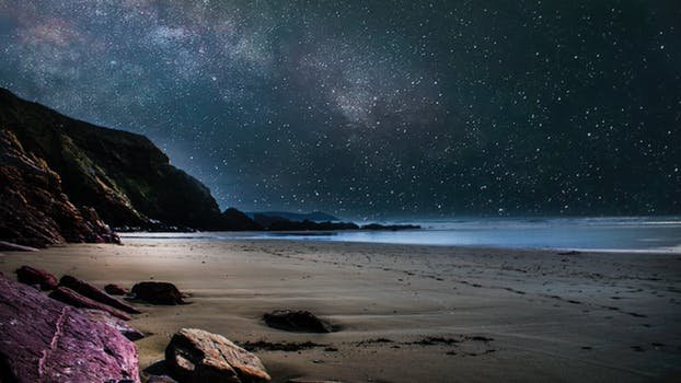 a beach at night with a starry sky