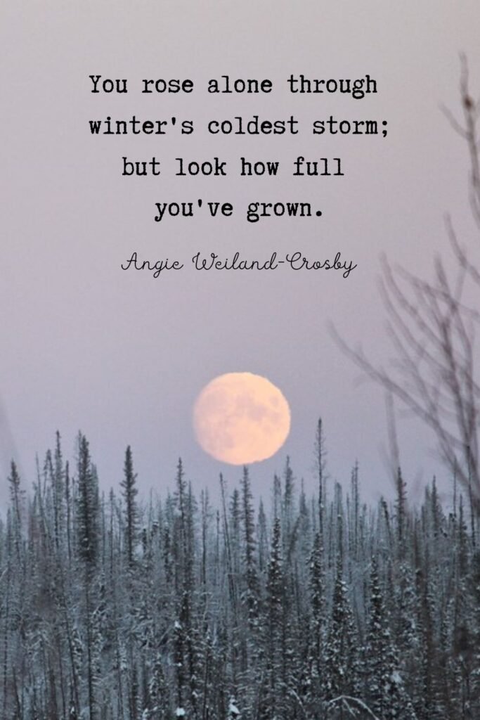 growth quote with a full moon over frosty treetops