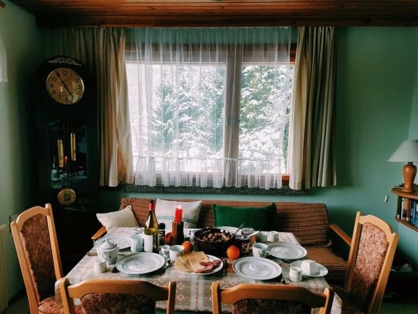 a dinner table in the evening...